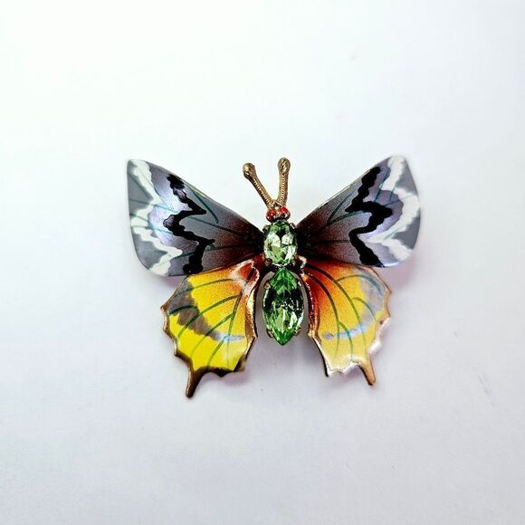 Vintage '60s Handpainted Green Rhinestone Czechoslovakia Butterfly Pin Brooch - Picture 1 of 7